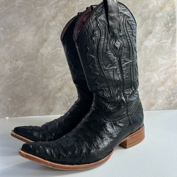 Red Diamond Western Boots Men's 10 E Black Exotic Ostrich Leather Made In Mexico - Picture 1 of 13
